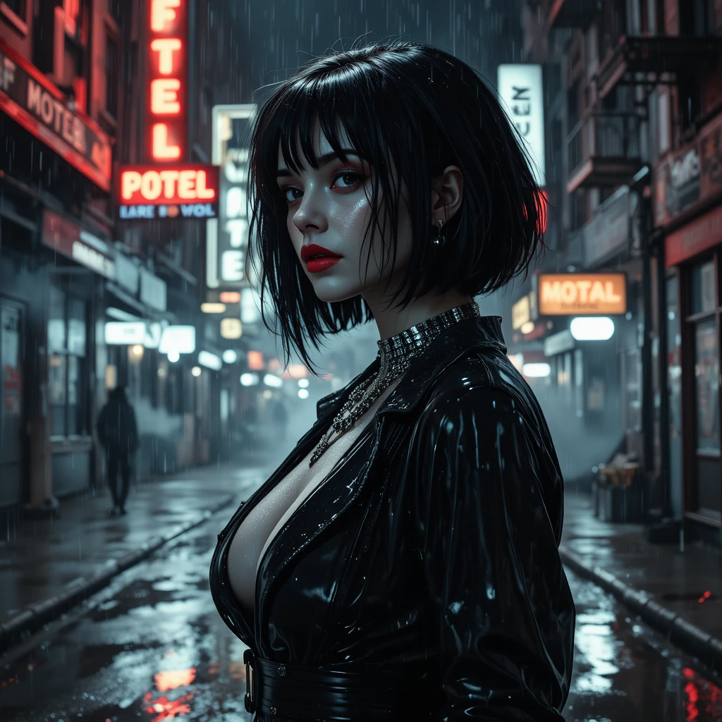 Dangerous woman in latex coat under neon alley rain