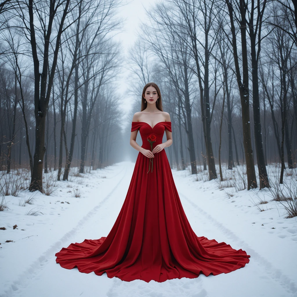 Woman in red gown standing alone in snowy forest