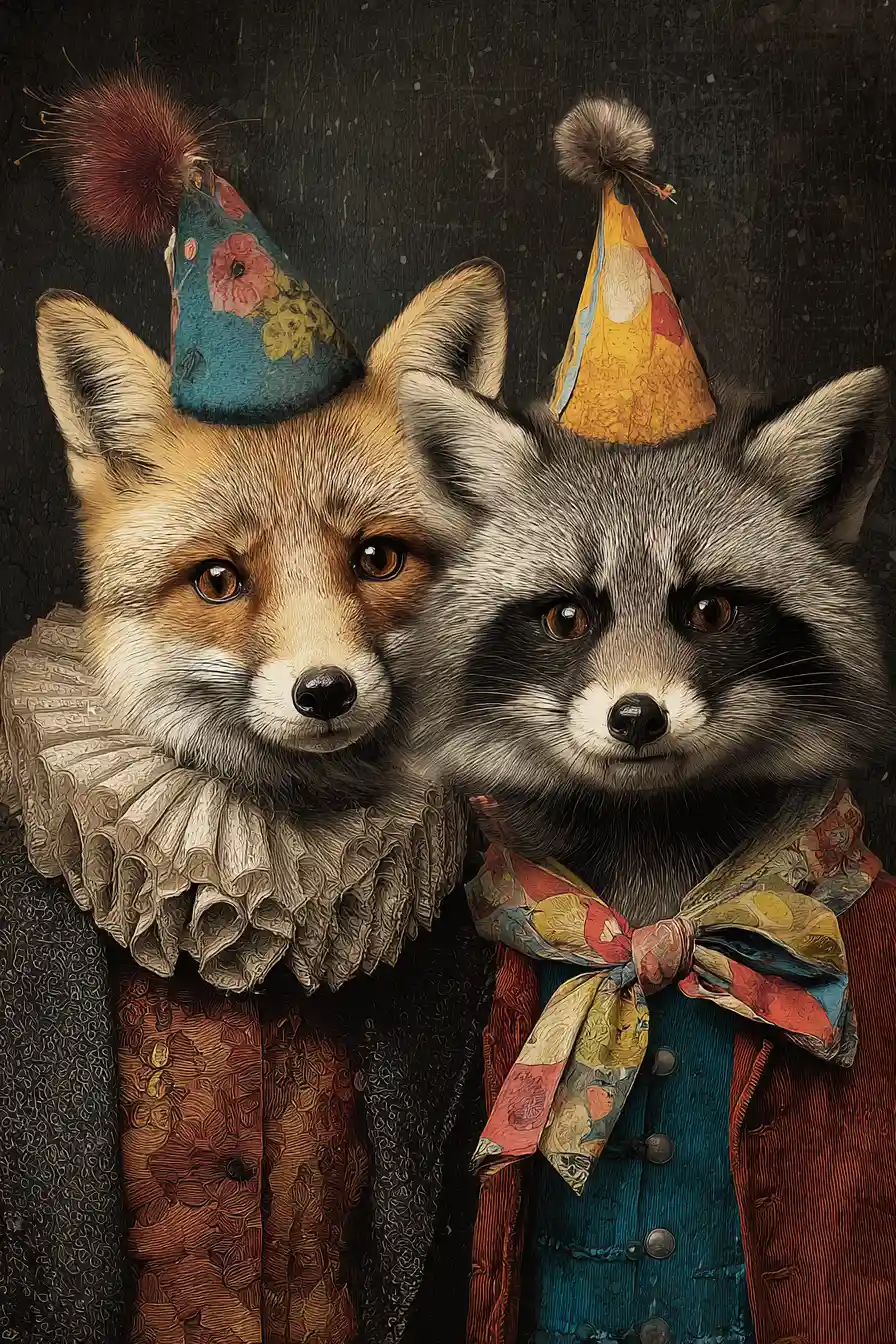 Fox and raccoon singing happy birthday in party outfits