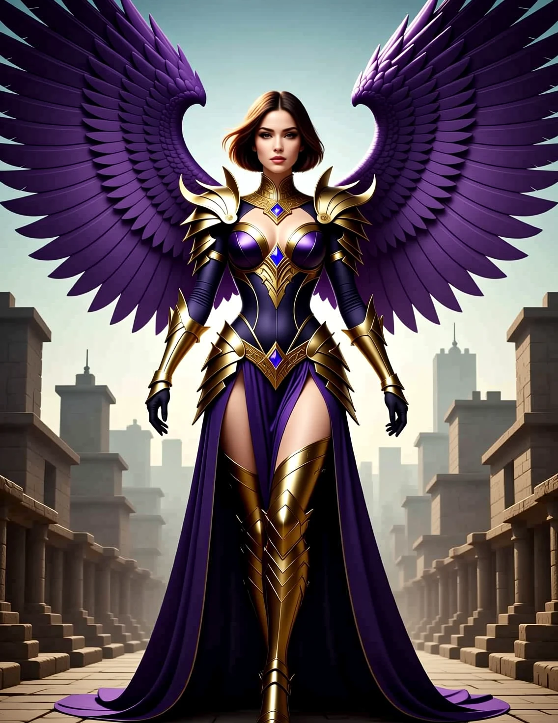 Ethereal winged warrior woman in ornate purple armor