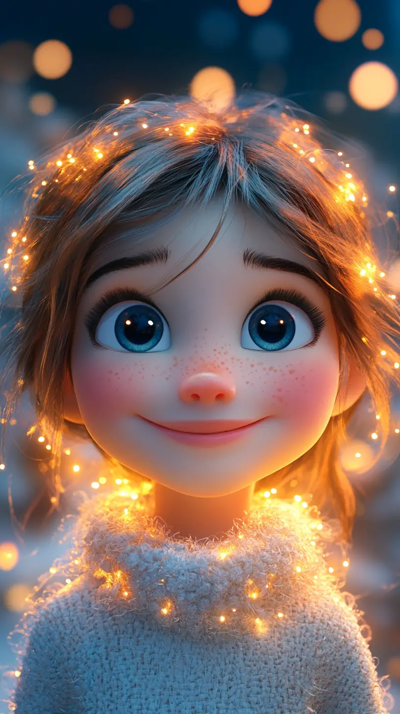 Lächelndes Anime-Mädchen mit Lichterkette und Bokeh-Glühen