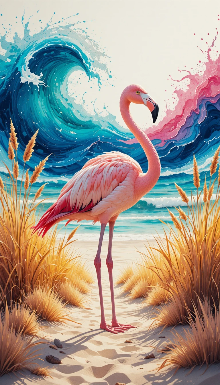Flamingo rosa na praia com juncos dourados e ondas