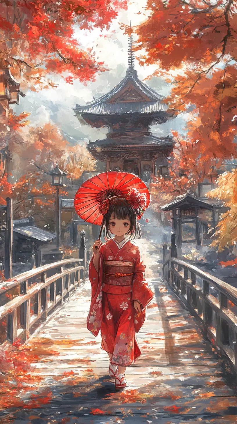 秋日寺廟橋上的紅和服少女