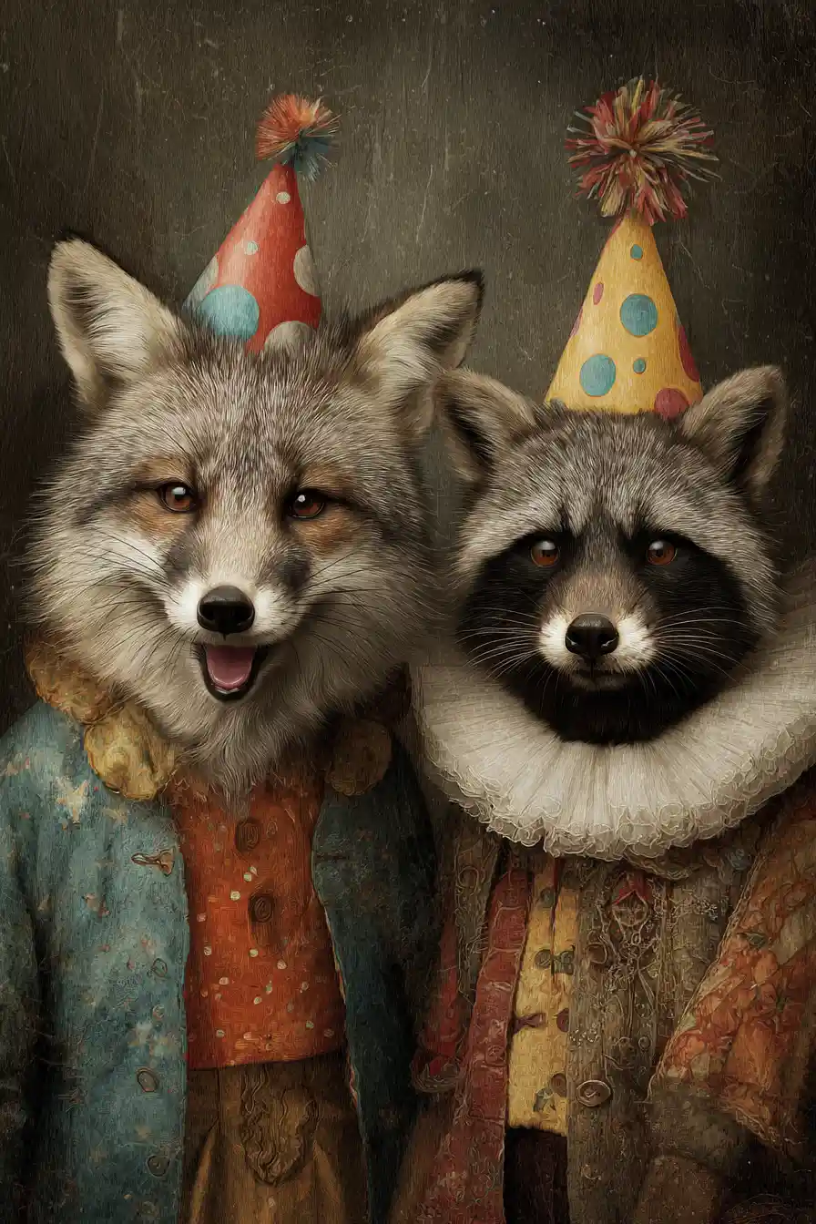 Fox and raccoon singing happy birthday in surreal party scene