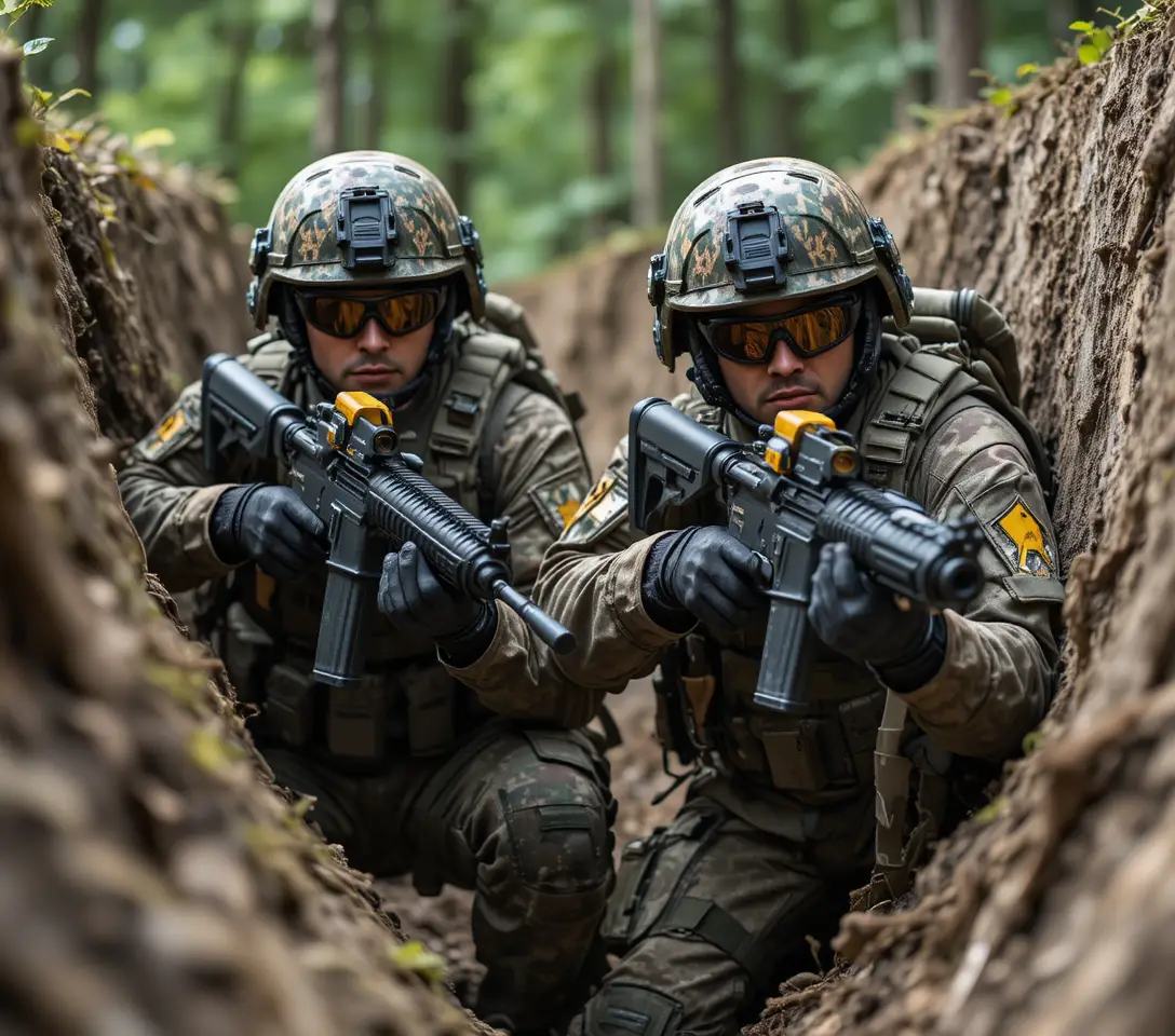 Bewaffnete Soldaten in einem hölzernen Schützengraben im Wald