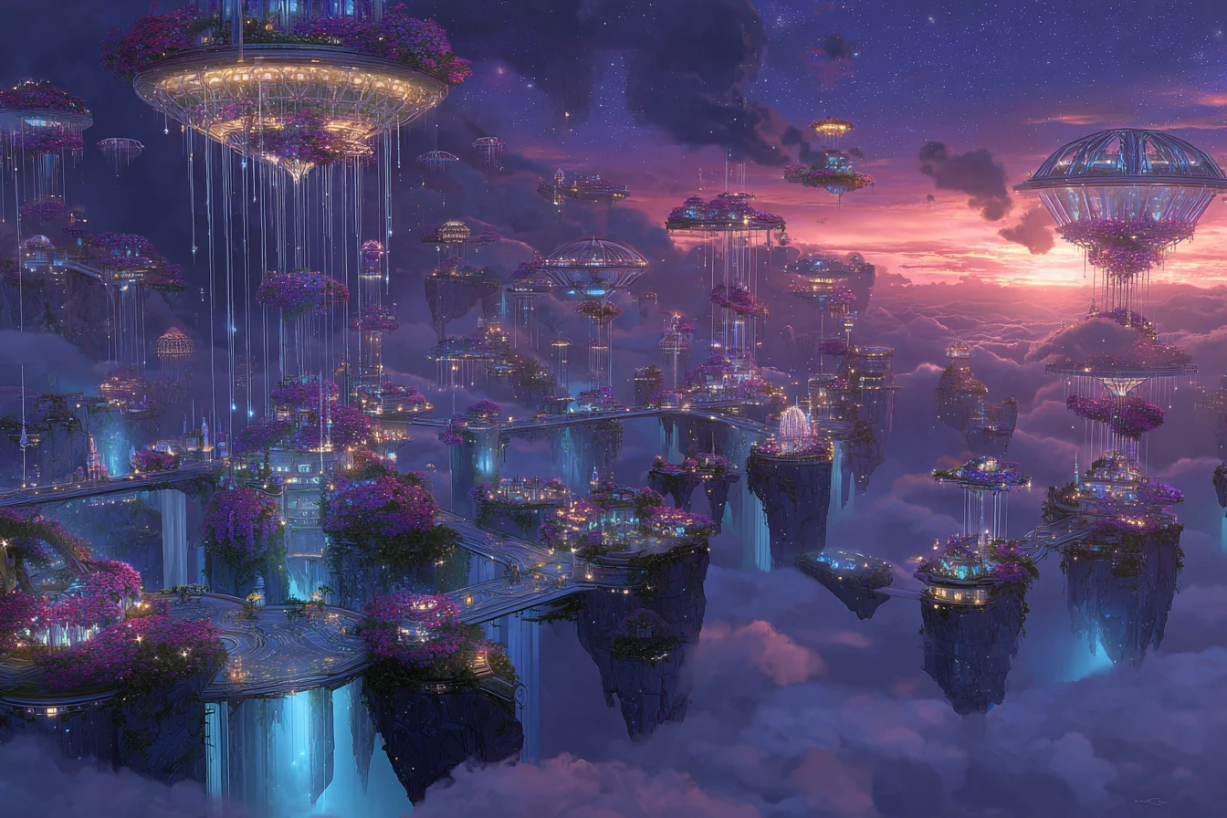 Ethereal floating city of sky islands at twilight
