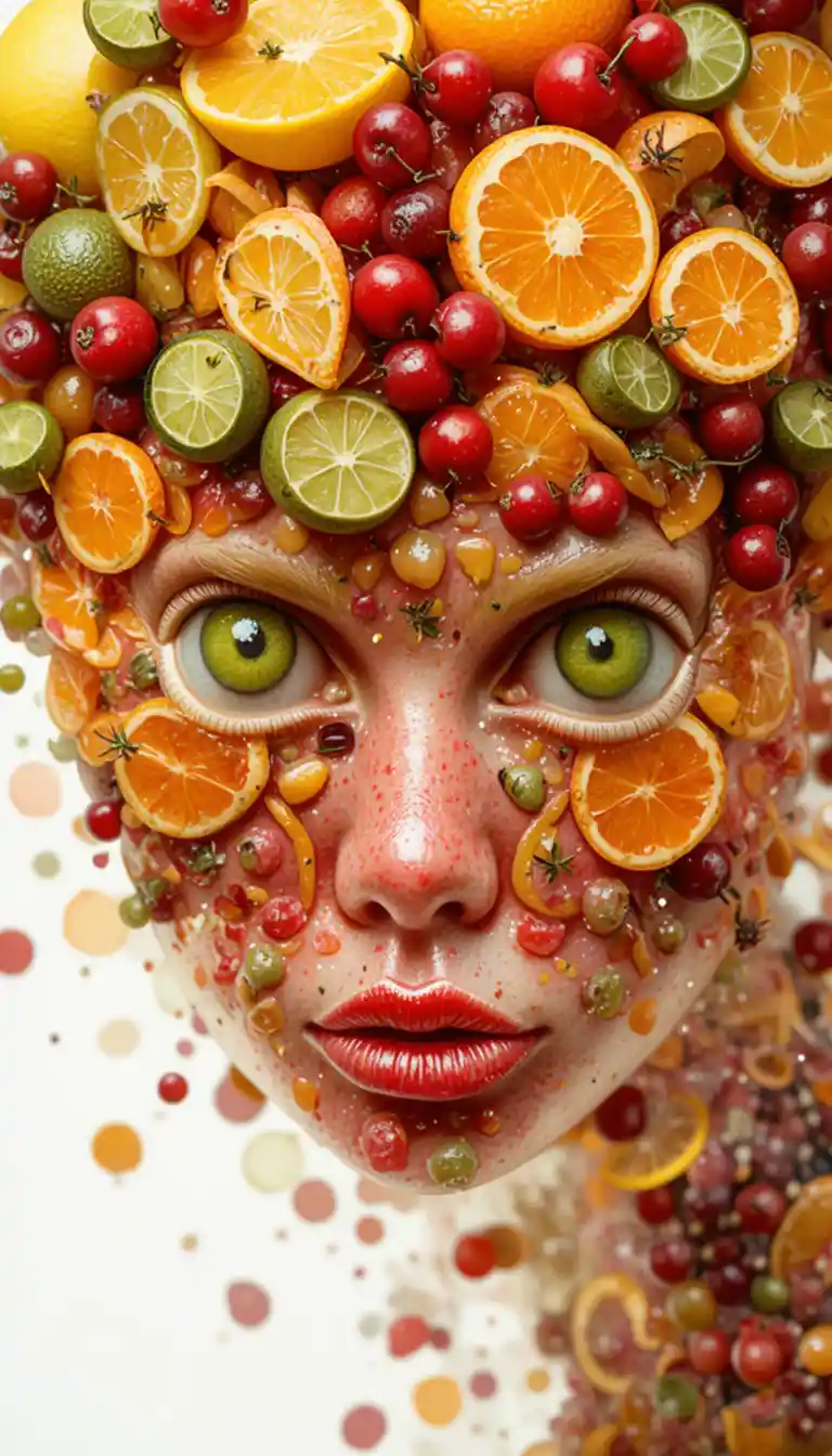Volto giocoso di agrumi creato con frutta mista vivace