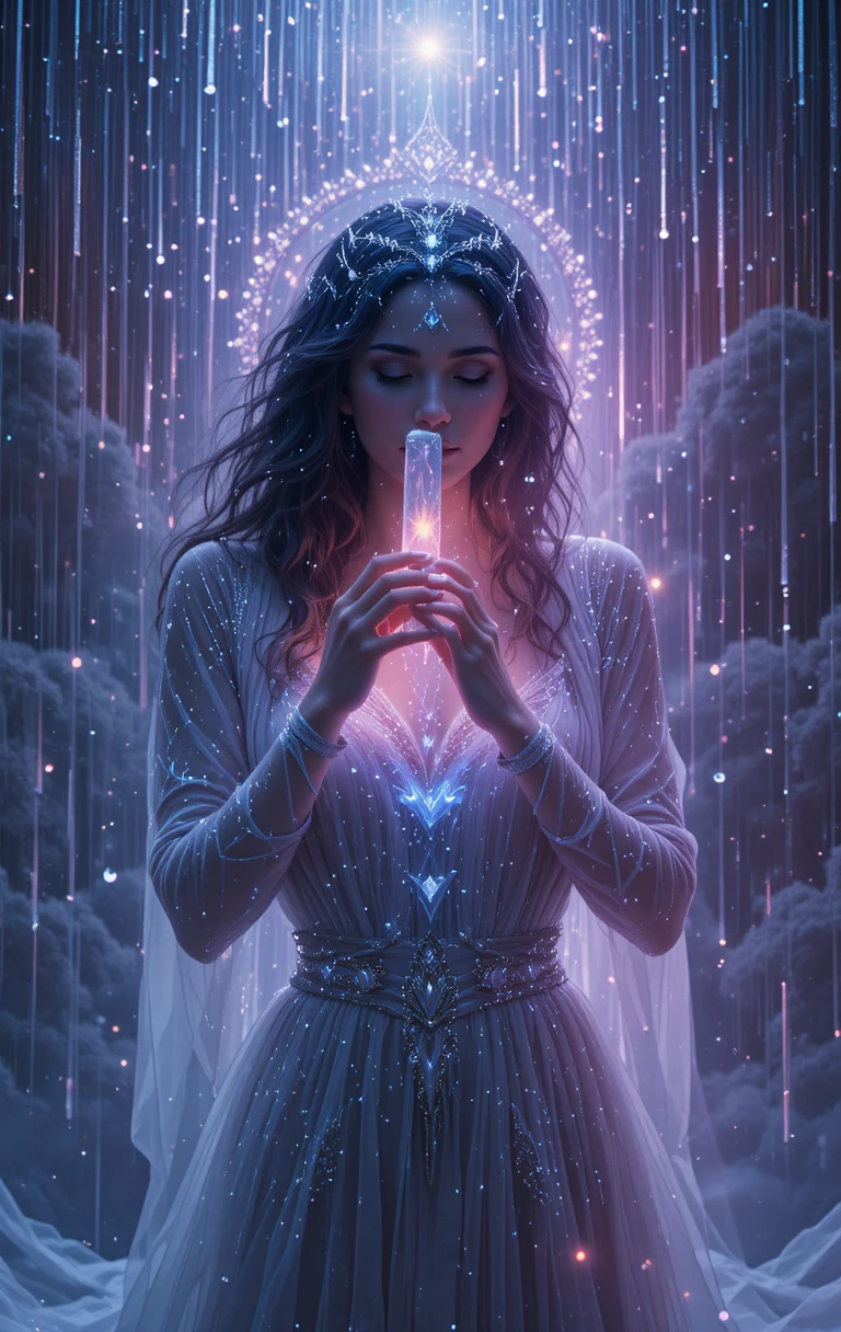 Cena vaporwave mística com instrumento musical de cristal luminoso