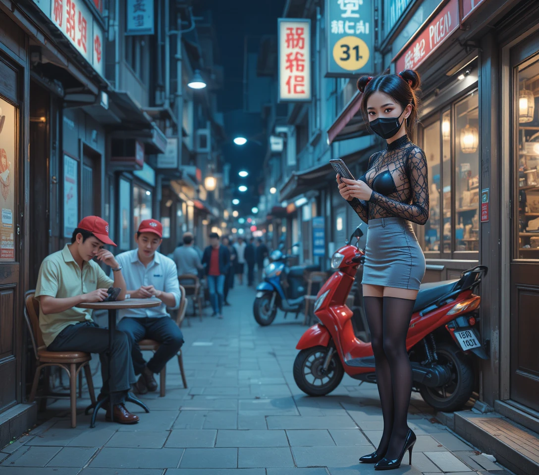 Jovem mulher em rua da cidade à noite com moto vermelha