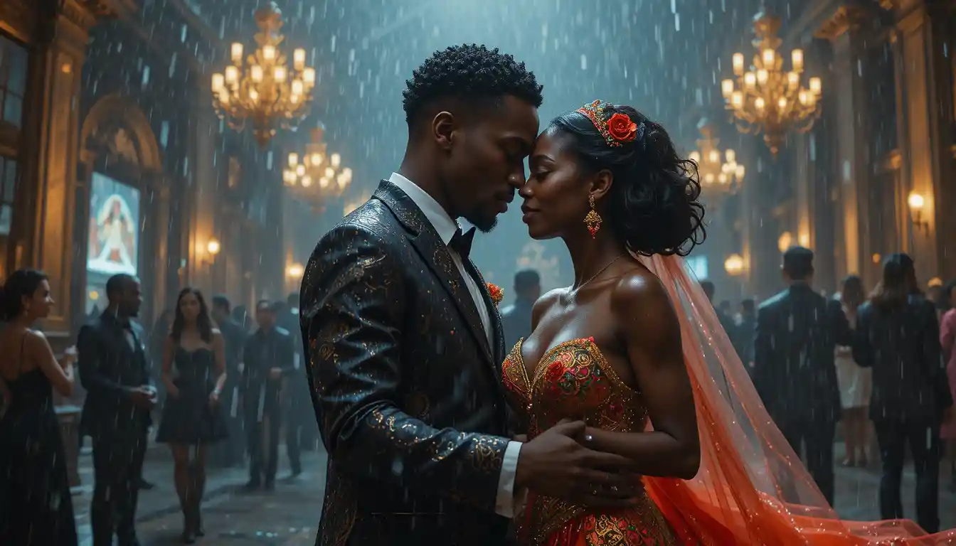 Romantic Black Couple Dancing Together In The Rain