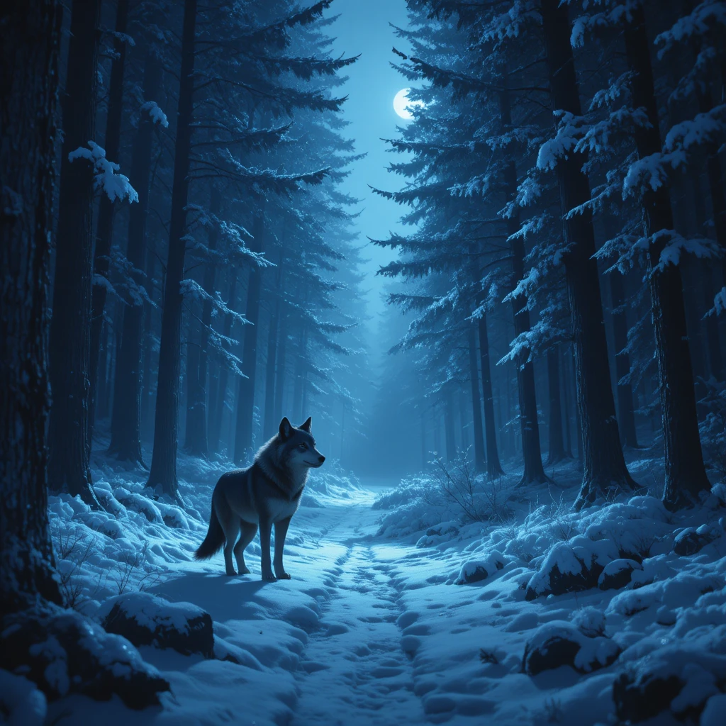 Lobo solitário em uma cena de floresta nevada e escura