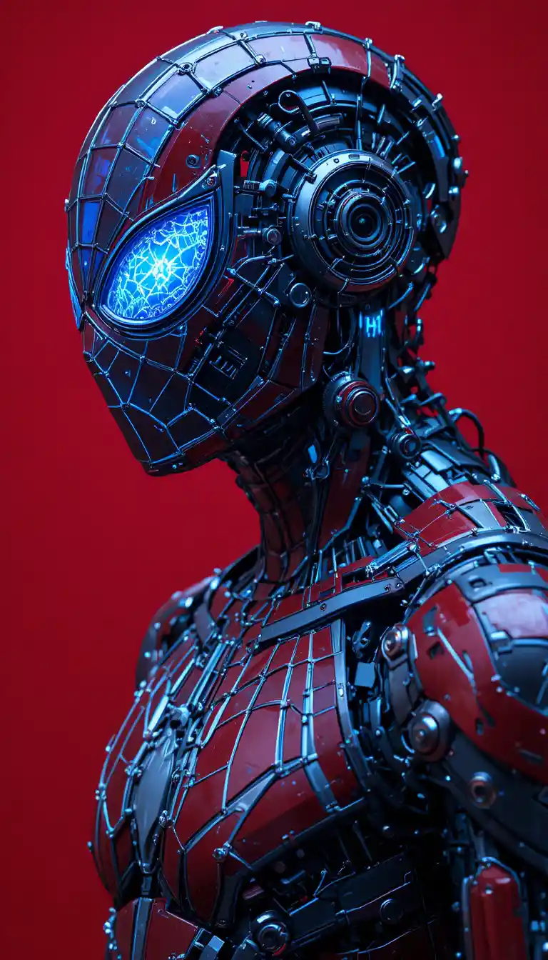 Ritratto di profilo laterale di supereroe ragno mecha cyberpunk