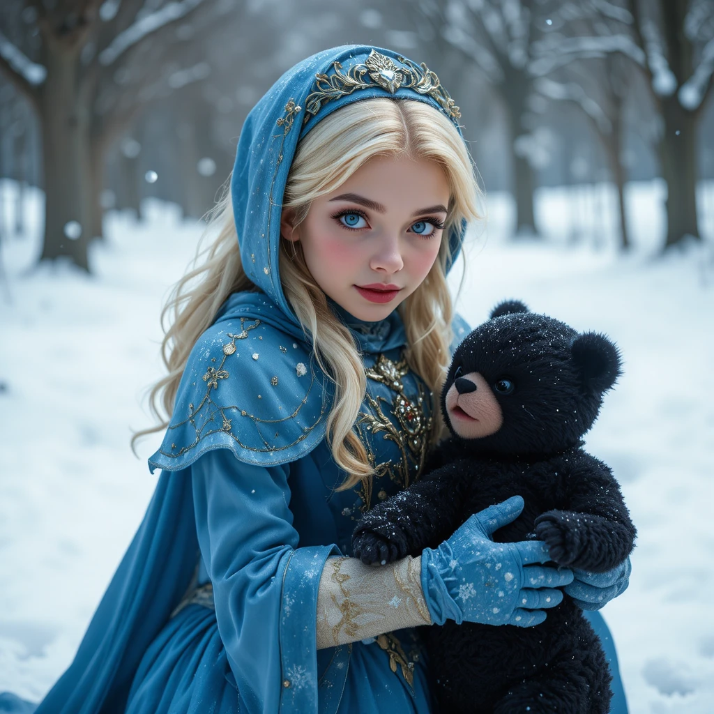 Principessa bionda in blu che gioca con un cucciolo di orso nero