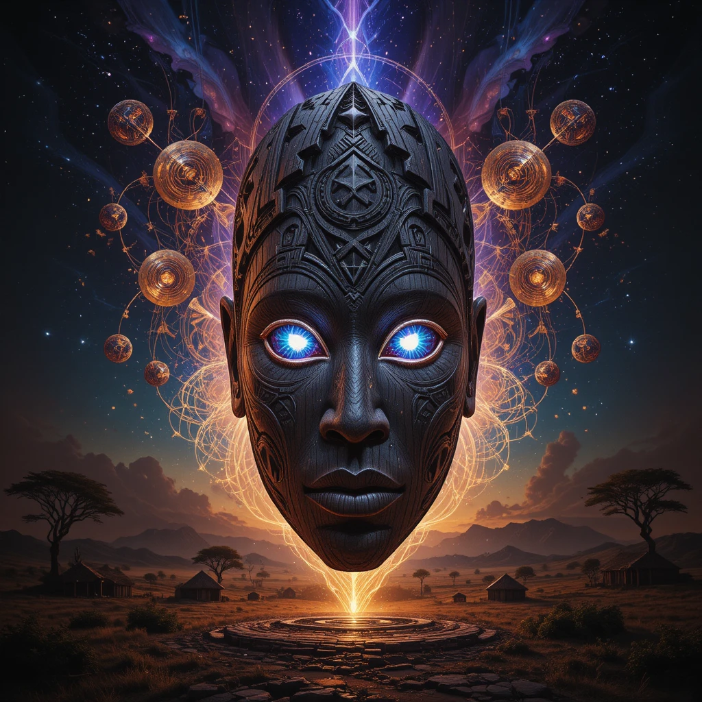 Cosmic African Wooden Mask Becoming An Interdimensional Entity