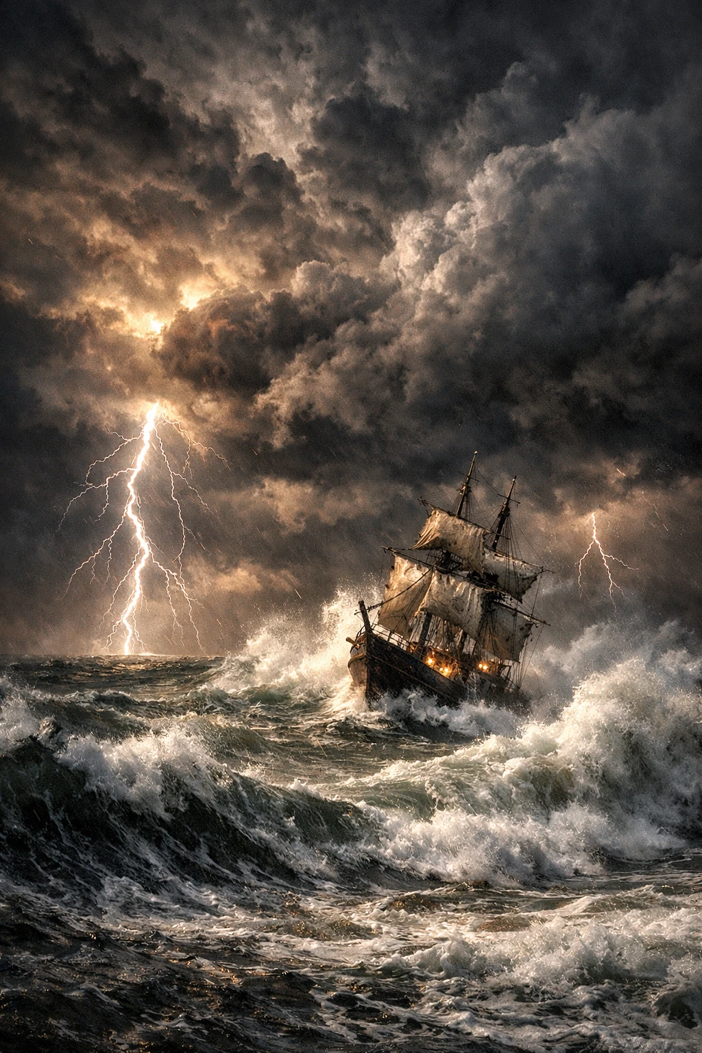 Pequeno navio enfrenta ondas quebrando em meio a uma tempestade violenta