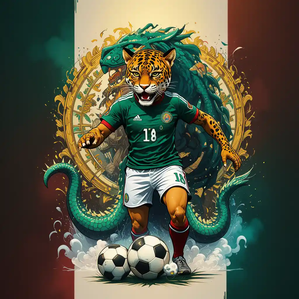 Onça-pintada em desenho animado com camisa do México chutando bola perto de pirâmide