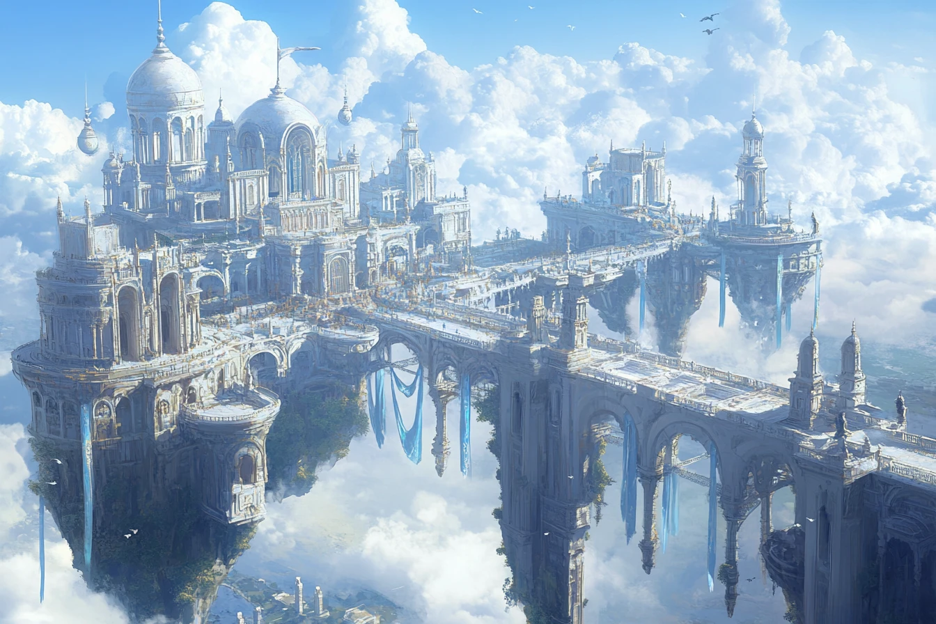 Majestic floating fantasy city of islands in the sky