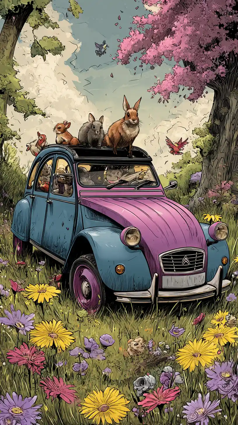 Carro colorido em um prado mágico de flores com animais felizes
