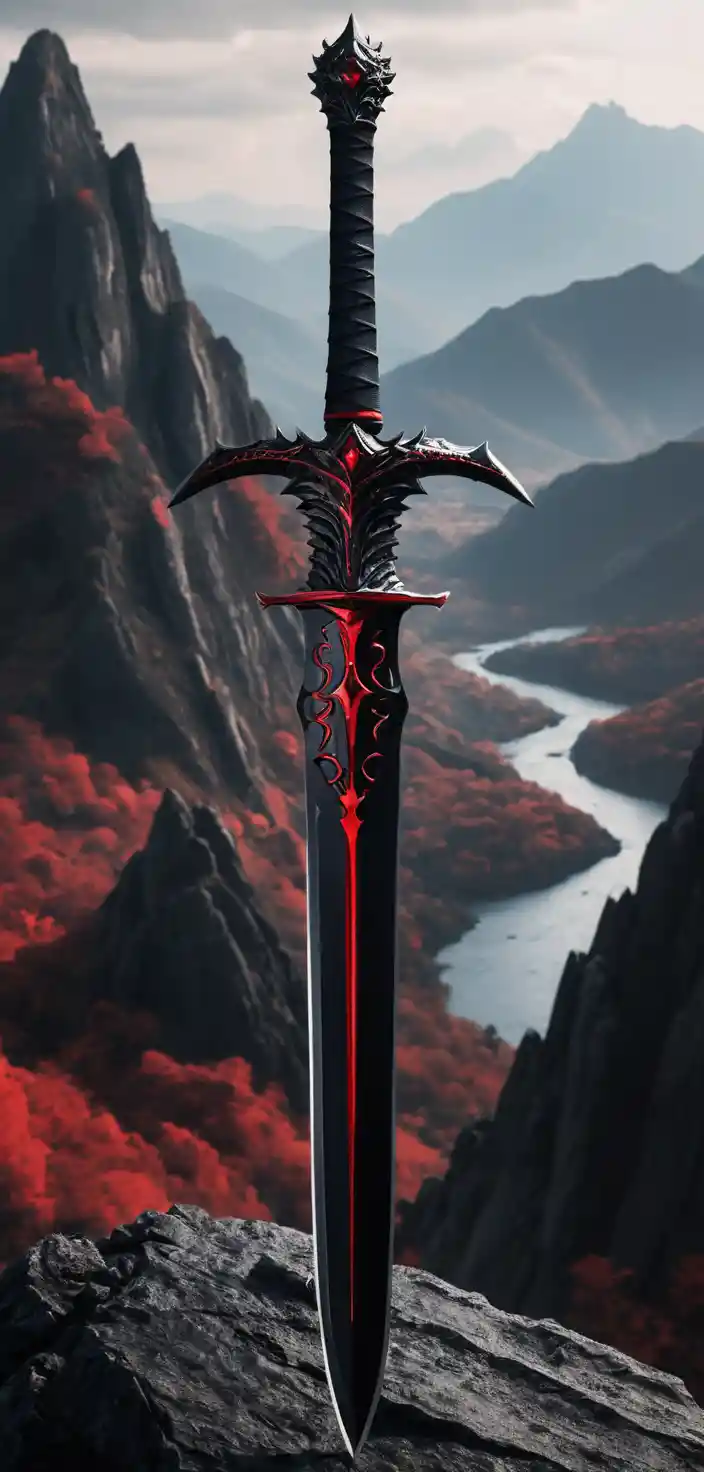 Espada sombria diante de um enorme dragão negro na montanha