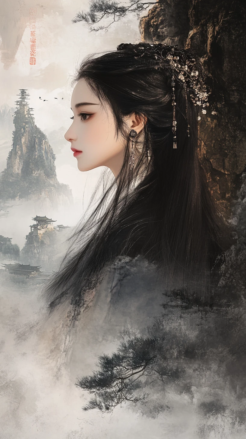 Elegante chinesische Frau im Profil vor nebligen Berggipfeln