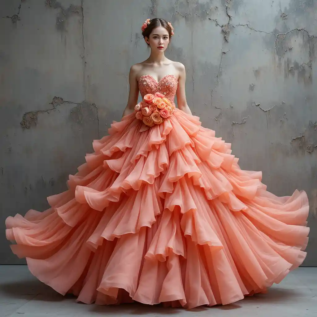 Woman in floral coral gown against textured gray wall