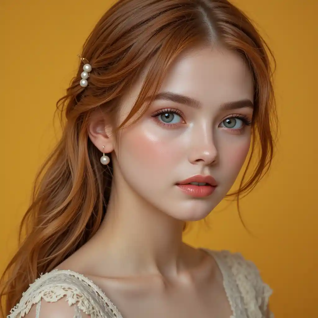 Young woman with auburn hair against warm yellow background