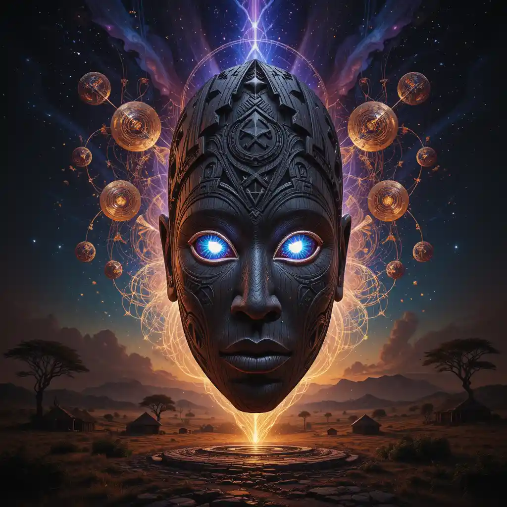 Cosmic African Wooden Mask Becoming An Interdimensional Entity