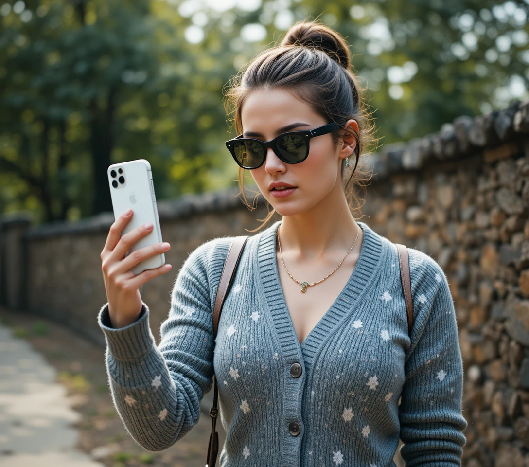 Jovem assustada filmando do lado de fora com o celular