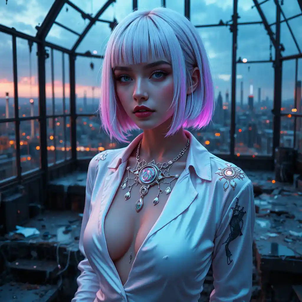 Cyber aristocrat woman in ruined rooftop greenhouse portrait