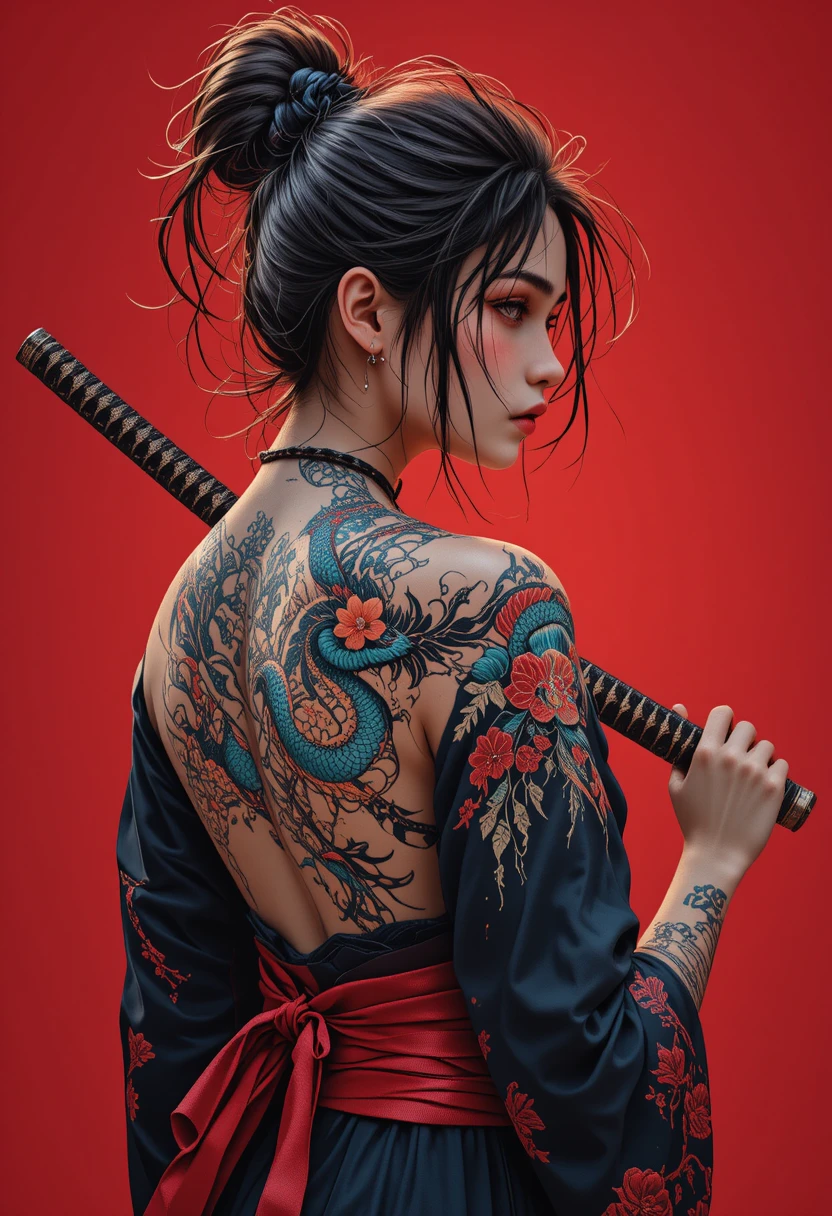 Tattooed woman in kimono with katana on red background