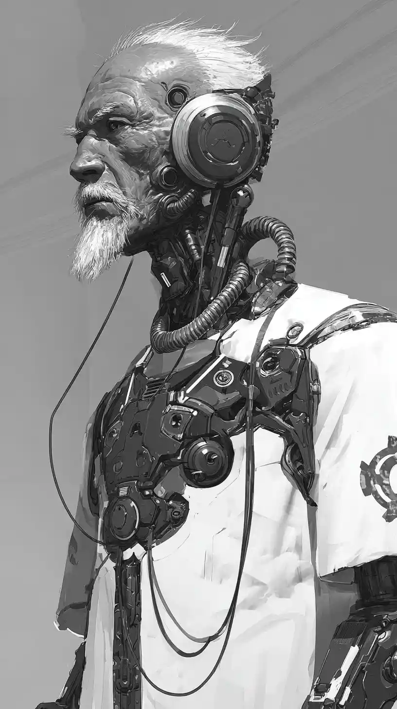 Comandante ciborgue asiático veterano com torso mecânico