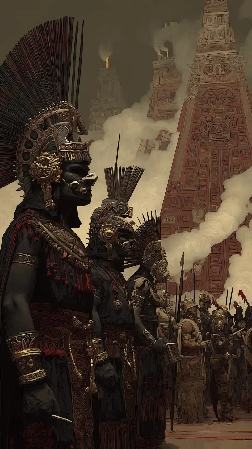Guerreiros mesoamericanos antigos reunidos diante de um templo de pedra