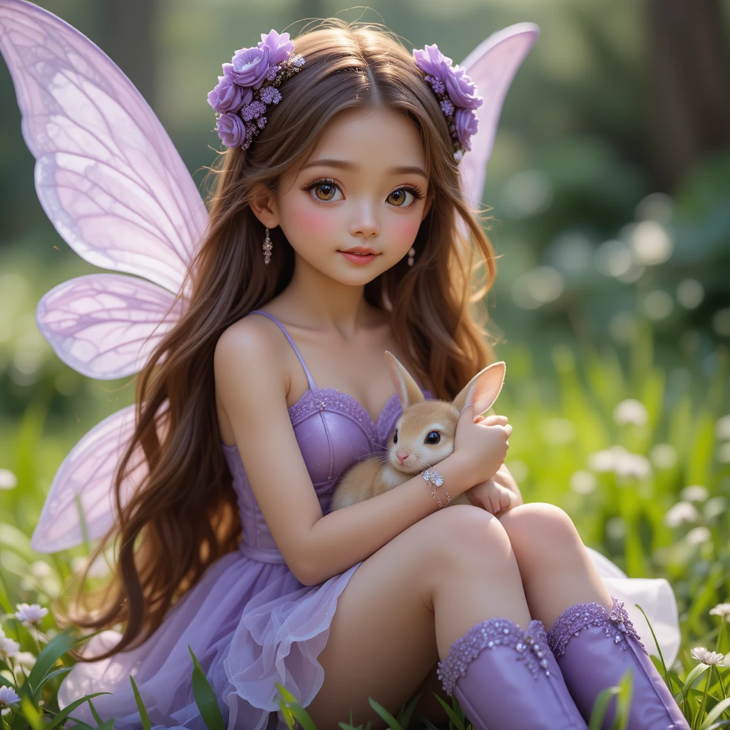 Fada menina de roxo sentada na grama com um coelho