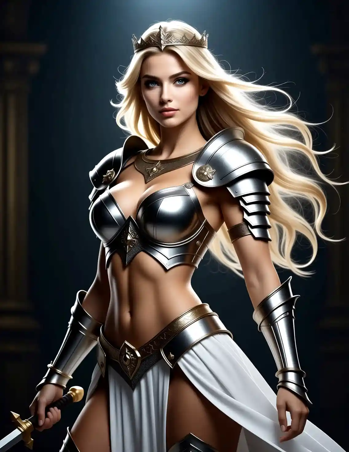 Regal female warrior in ornate silver armor with crown