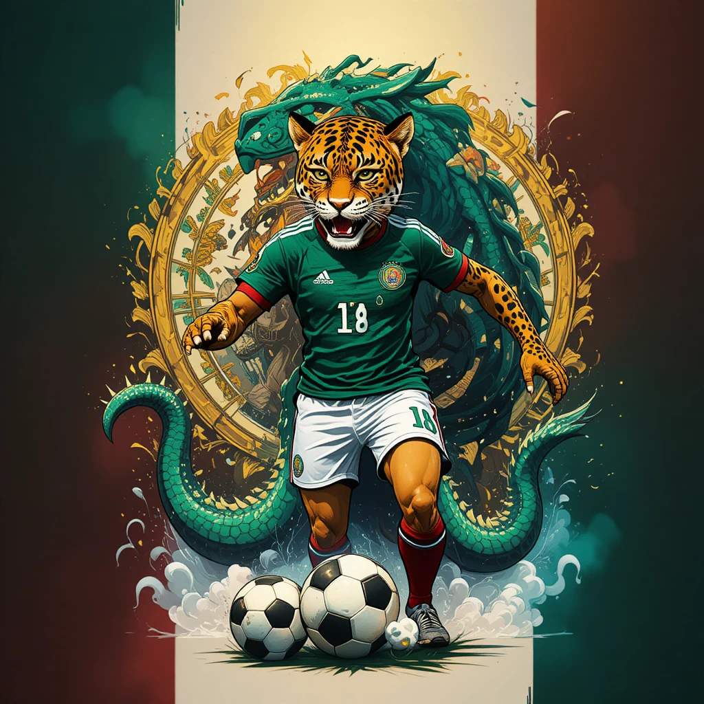 Onça-pintada em desenho animado com camisa do México chutando bola perto de pirâmide