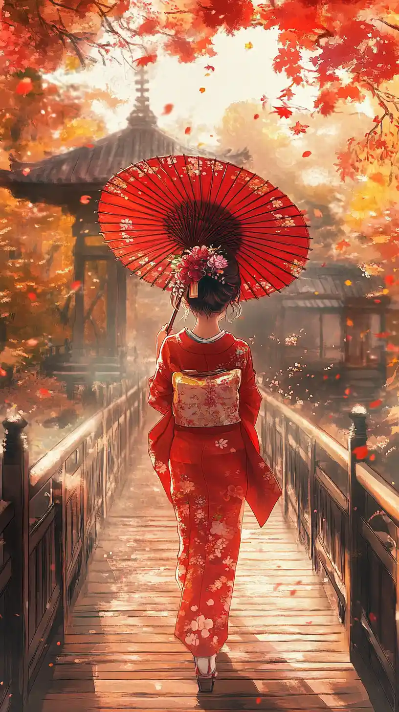 Ragazza giapponese in kimono rosso su un ponte in autunno