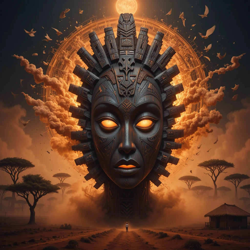 Surreal African wooden mask glowing with mystical inner light
