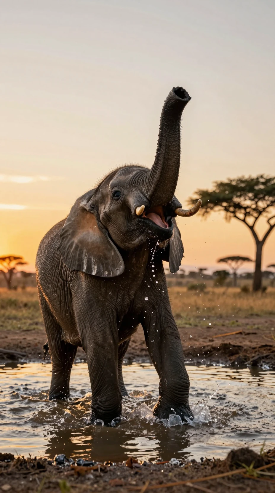 Filhote de elefante brincando e se espirrando em um poço de água africano