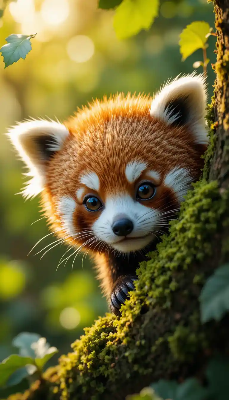 Piccolissimo cucciolo di panda rosso che sbircia da un ramo muschioso nella foresta
