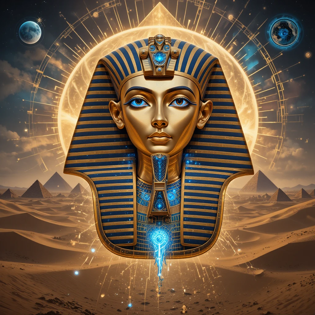 Ancient golden funerary mask glowing with cosmic light
