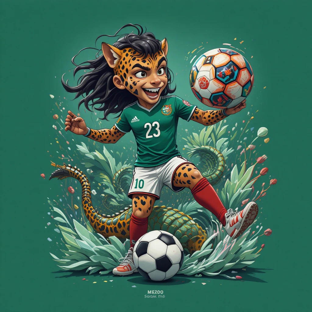 Comic-Jaguar, der vor einer mexikanischen Pyramide einen Fußball kickt