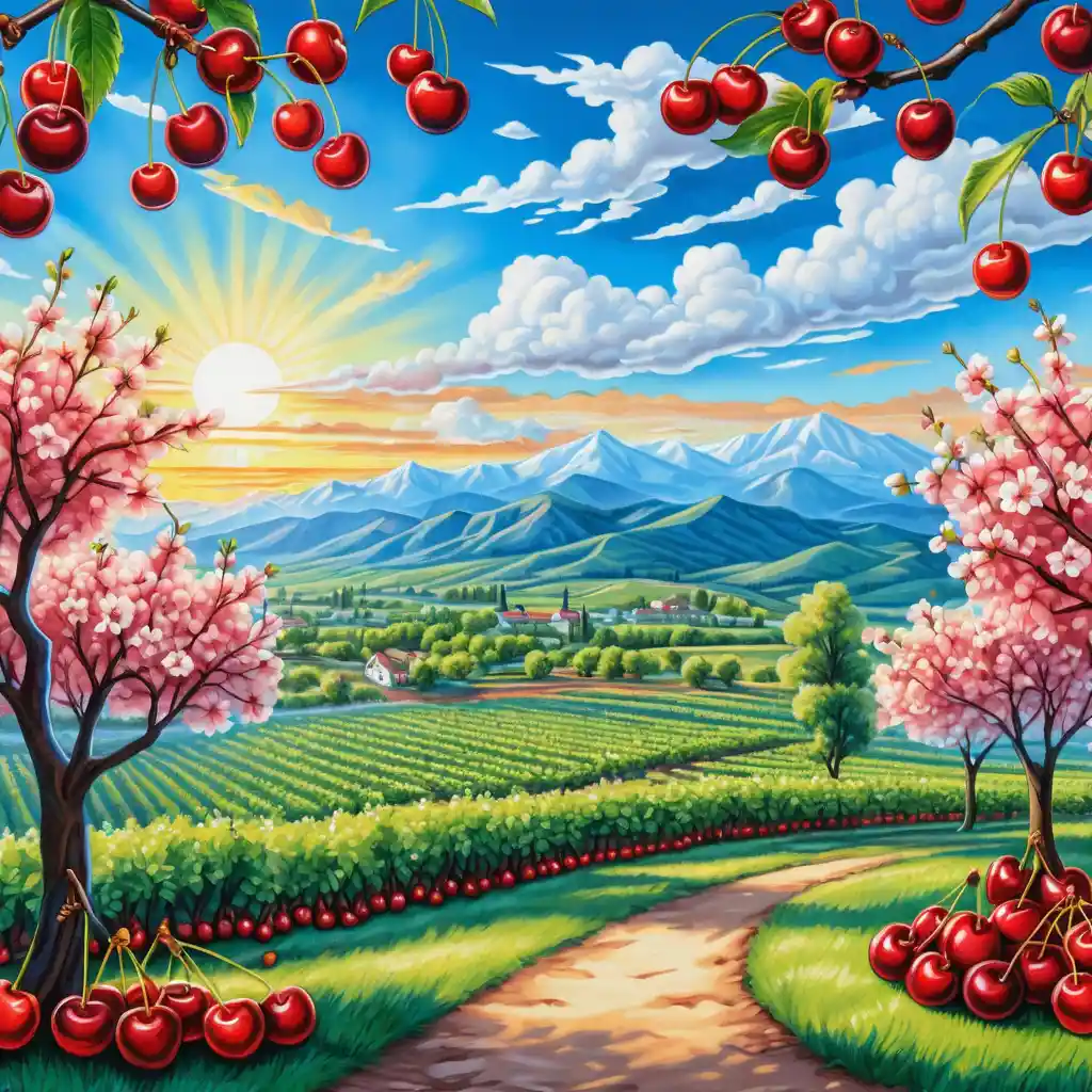 Cherry orchard at sunrise in soft colored pencil style