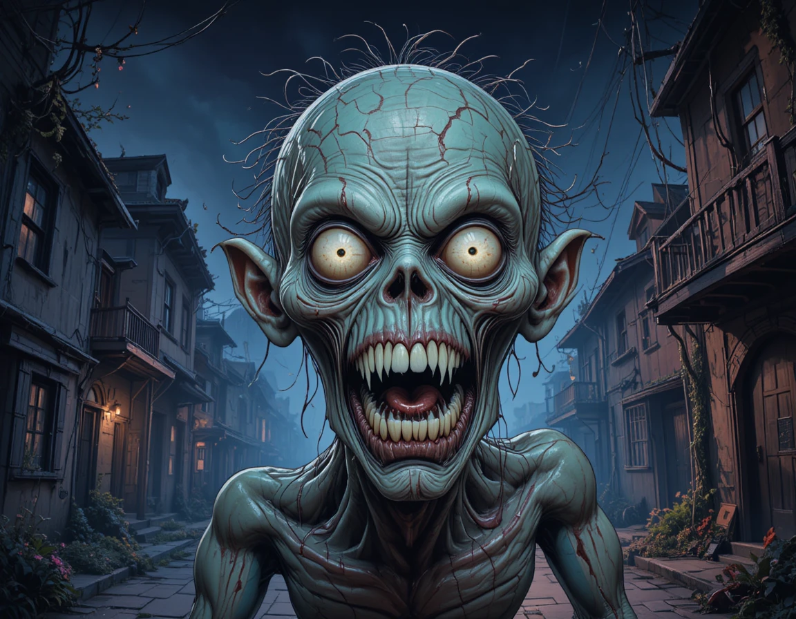 Terrifying cgi monster in a decaying dark town street