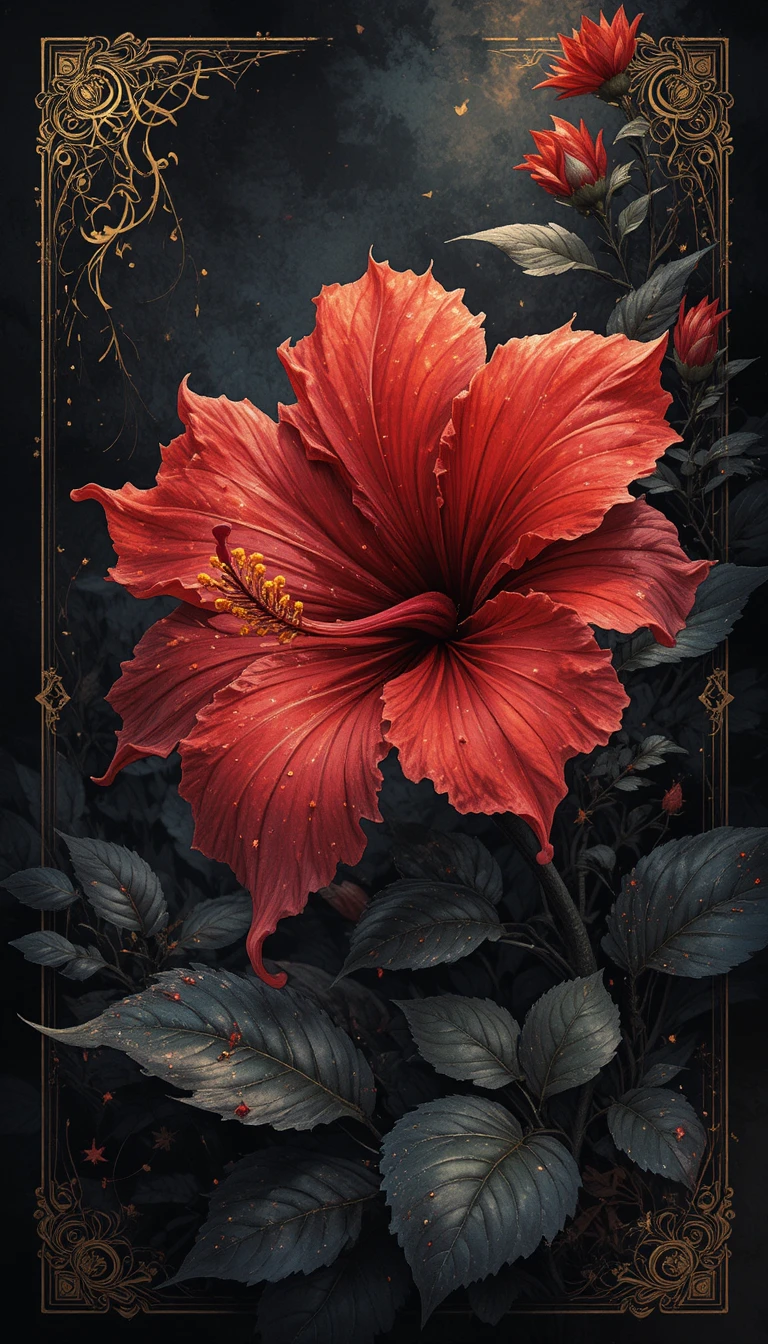 Rote Hibiskus-Botanische Illustration mit leuchtenden Goldakzenten