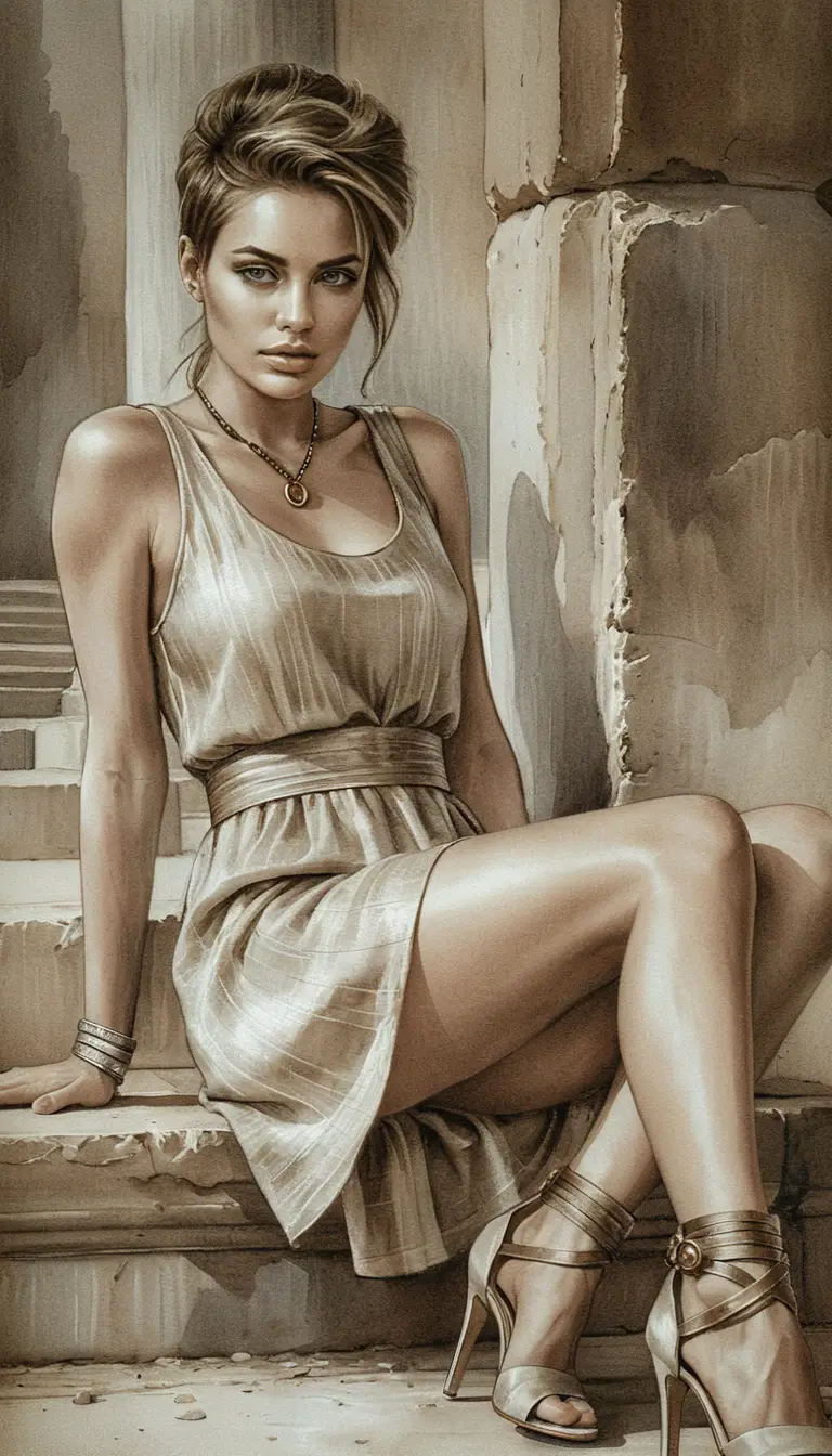Elegant woman seated on weathered stone steps in ruins