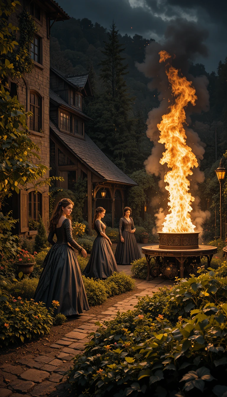 Figuras reales en un jardín steampunk bajo fuegos artificiales
