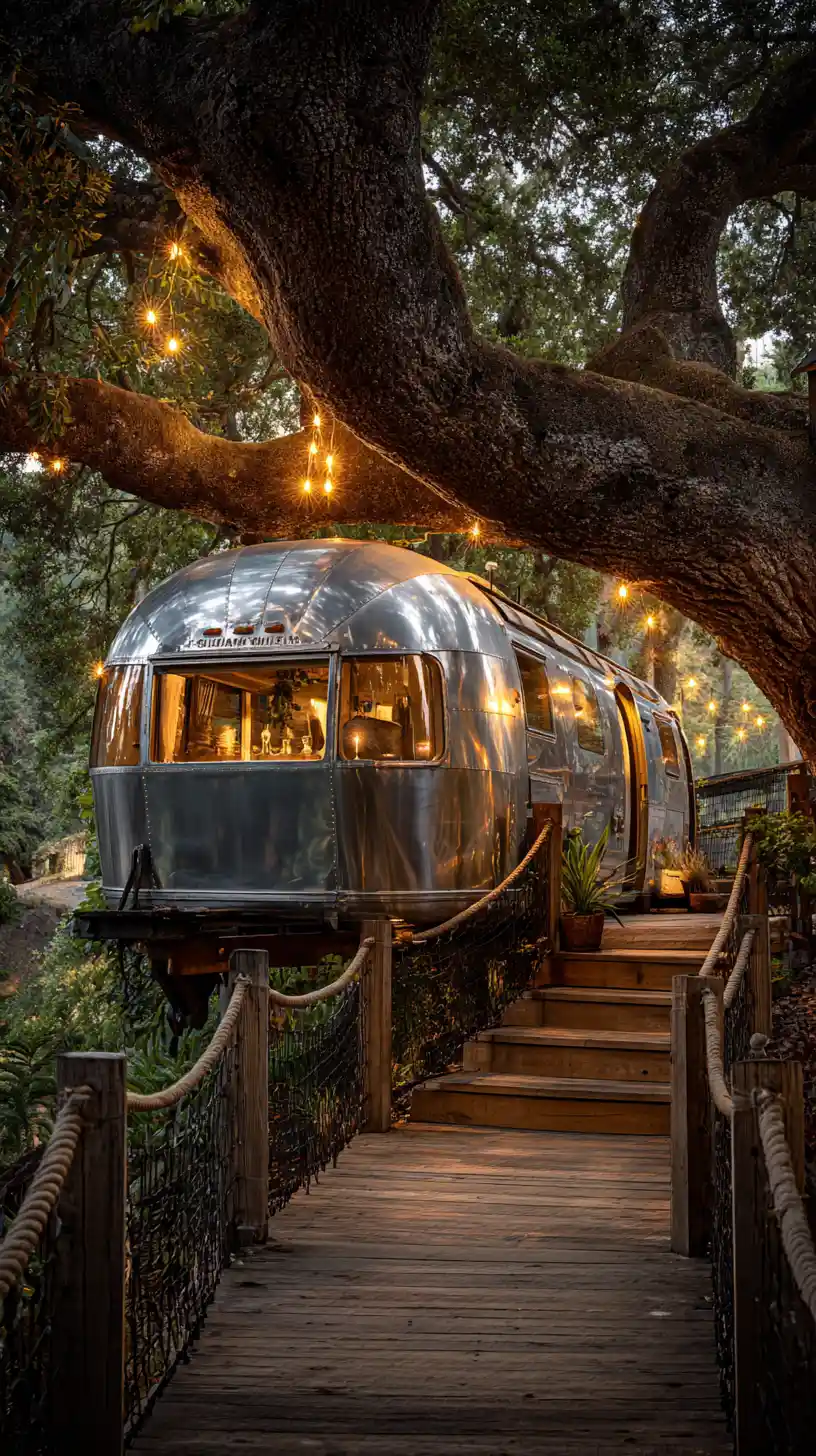 Vintage airstream treehouse glowing in golden hour light