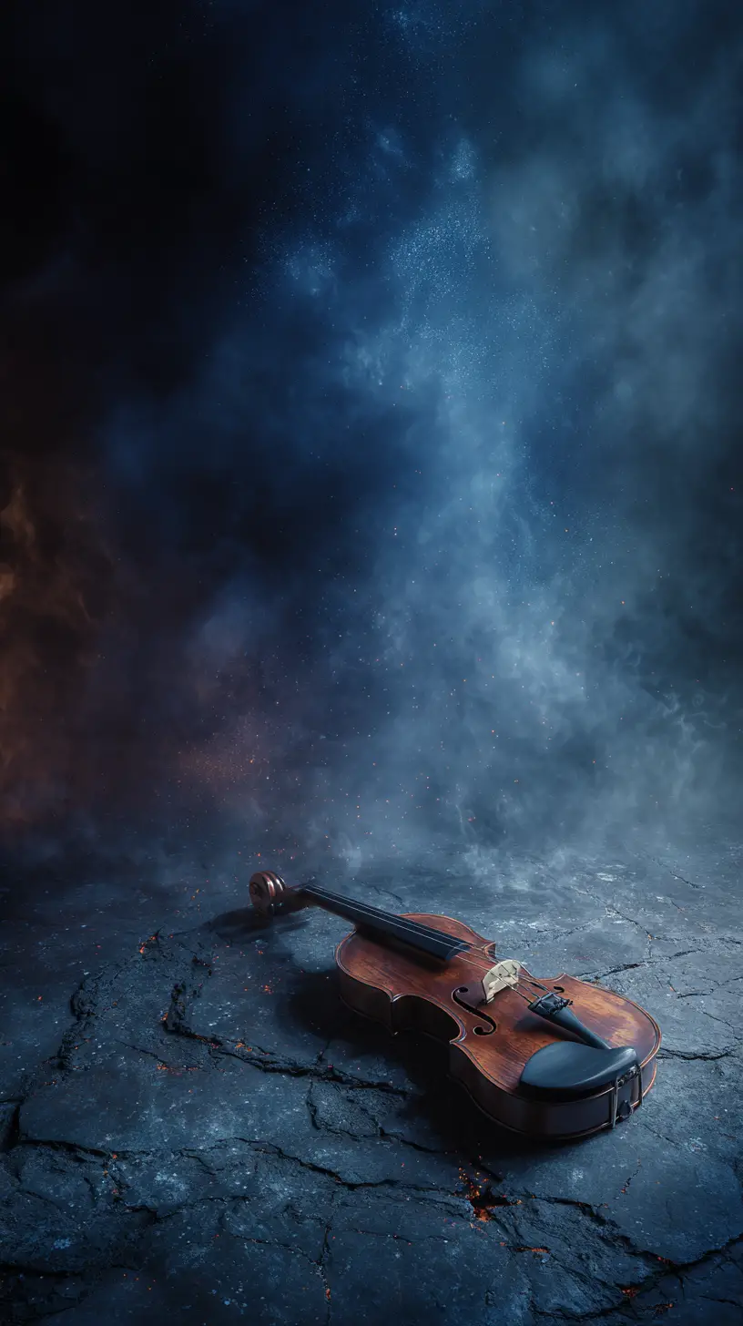 Violino solitario su ossidiana incrinata nel buio vuoto cosmico