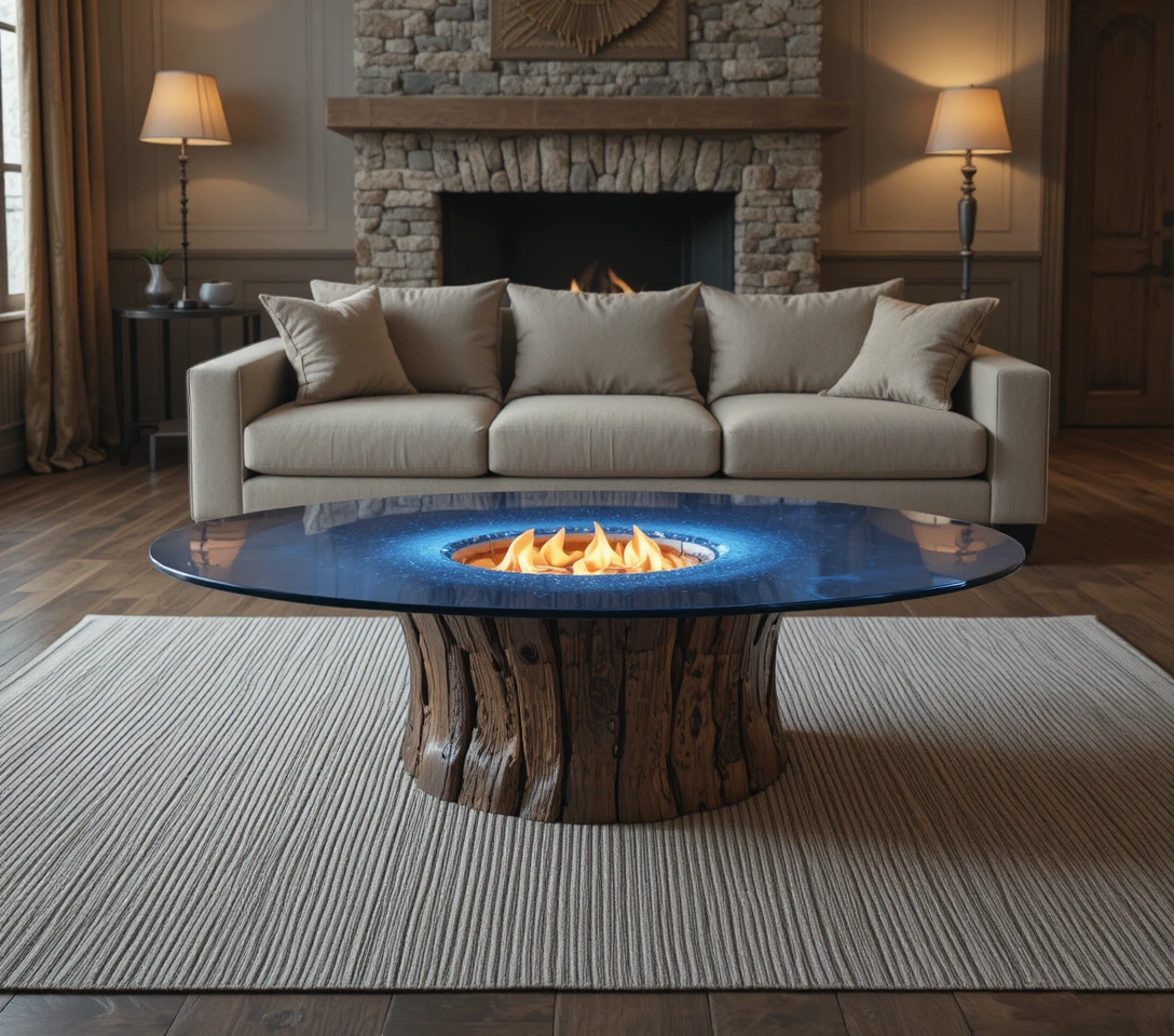 Soggiorno moderno con tavolino in legno e vetro luminoso