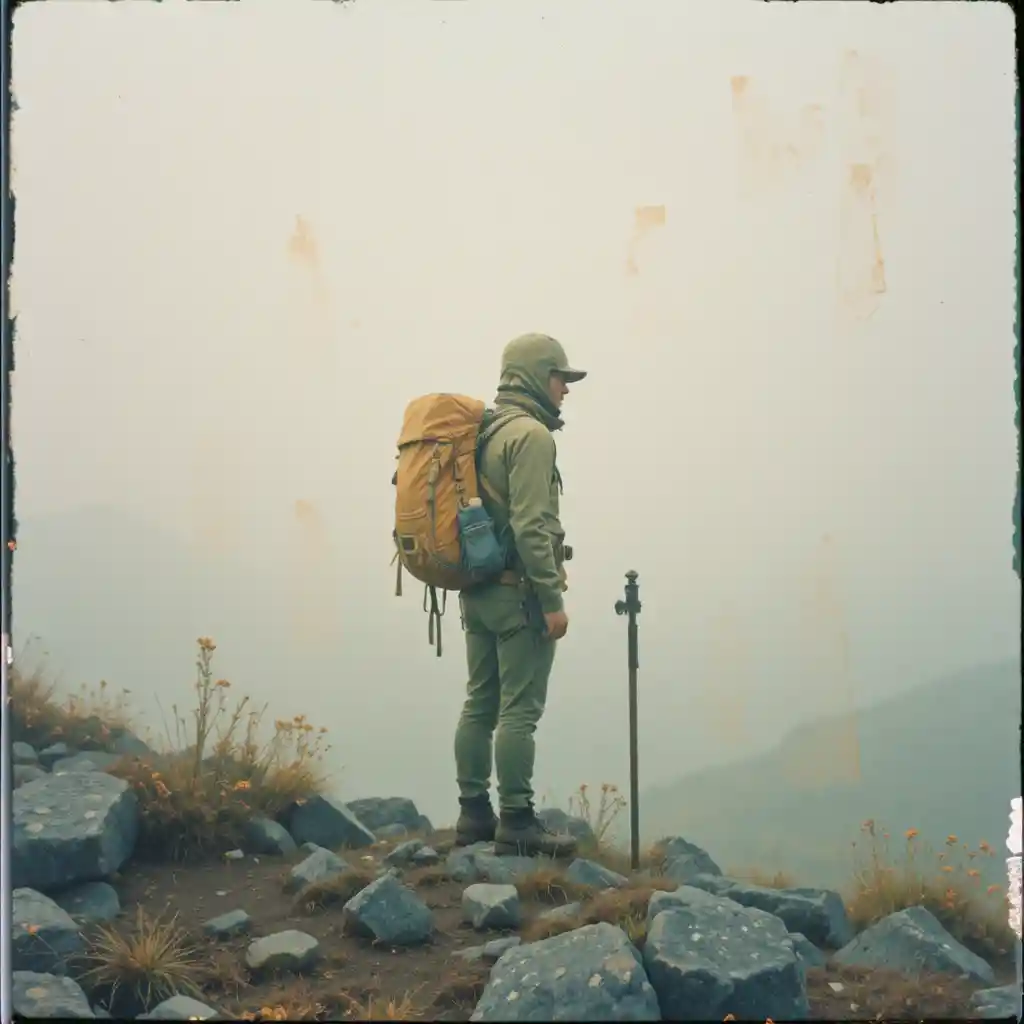 Portrait onirique en double exposition d’un randonneur solitaire en montagne